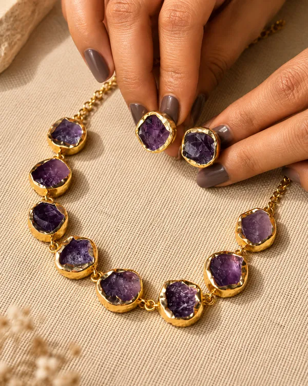 Amethyst_Single_Layer_Stone_Necklace_Set_Golden_Collection
