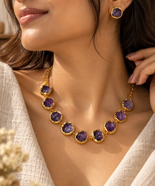 Amethyst_Single_Layer_Stone_Necklace_Set_Golden_Collection