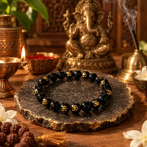 Black_Tourmaline_With_Om_Bracelet_With_Free_Selenite_Tumble