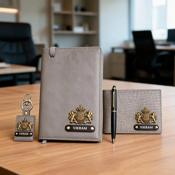 Grey_Leather_Personalized_Diary_Wallet_Keychain_Pen_Gift_Set*