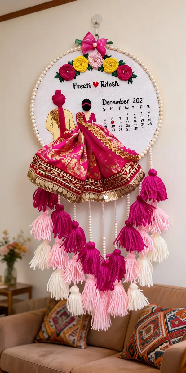 Handmade_Pink_Floral_Bridal_Couple_Personalized_Wall_Hanging_Calendar