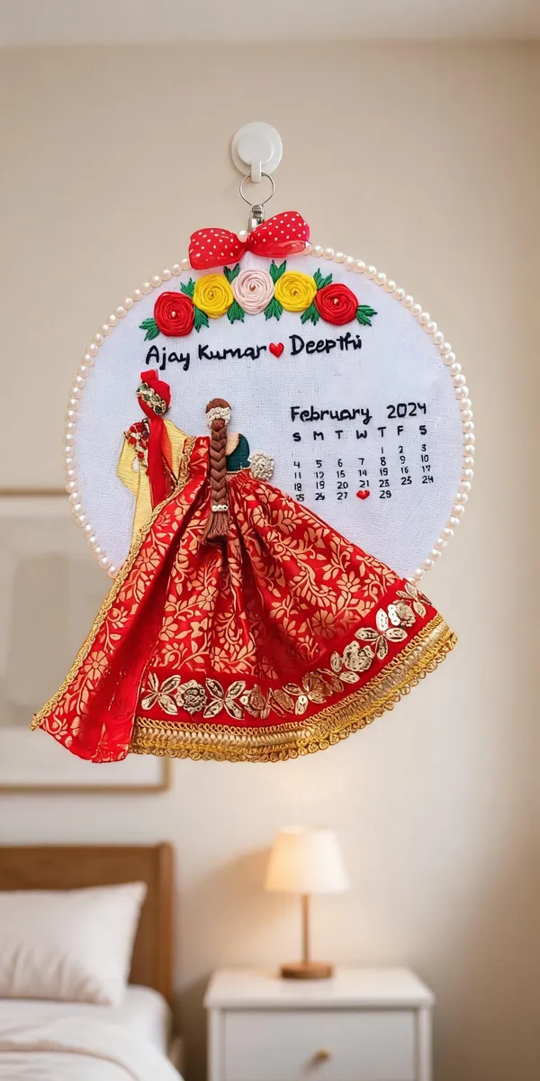 Personalized_Bridal_Couple_Embroidery_Hoop_With_Fabric_Lehenga_Calendar
