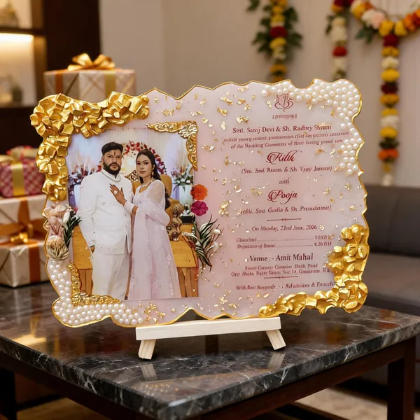 Pink_Gold_Foil_Pearl_Bordered_Wedding_Invitation_Card_With_Easel