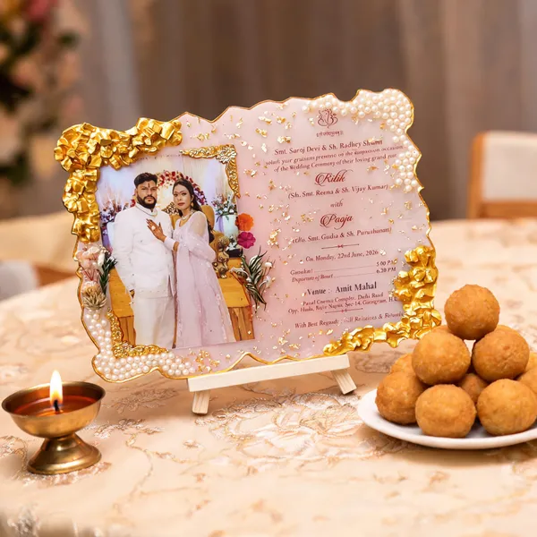 Pink_Gold_Foil_Pearl_Bordered_Wedding_Invitation_Card_With_Easel