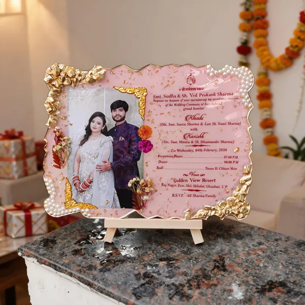 Pink_Floral_Personalized_Photo_Wedding_Invitation_Card_With_Easel_Stand