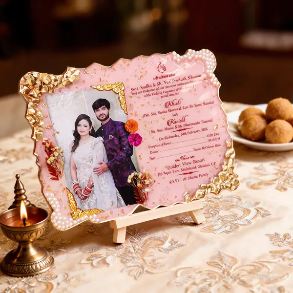 Pink_Floral_Personalized_Photo_Wedding_Invitation_Card_With_Easel_Stand