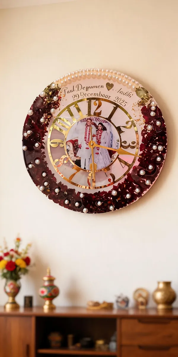 Personalized_Floral_Pearl_Resin_Wall_Clock_With_Photo