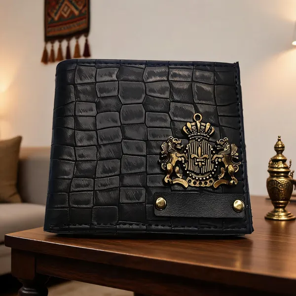 Black_Croc_Textured_Leather_Bifold_Wallet_For_Men_With_Crest_Emblem
