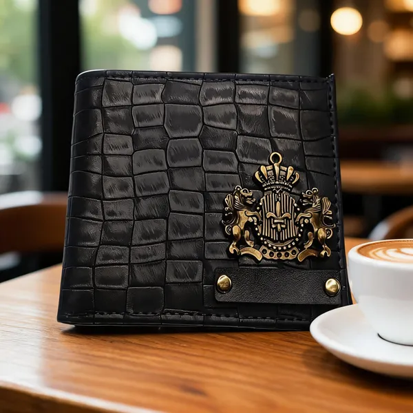 Black_Croc_Textured_Leather_Bifold_Wallet_For_Men_With_Crest_Emblem
