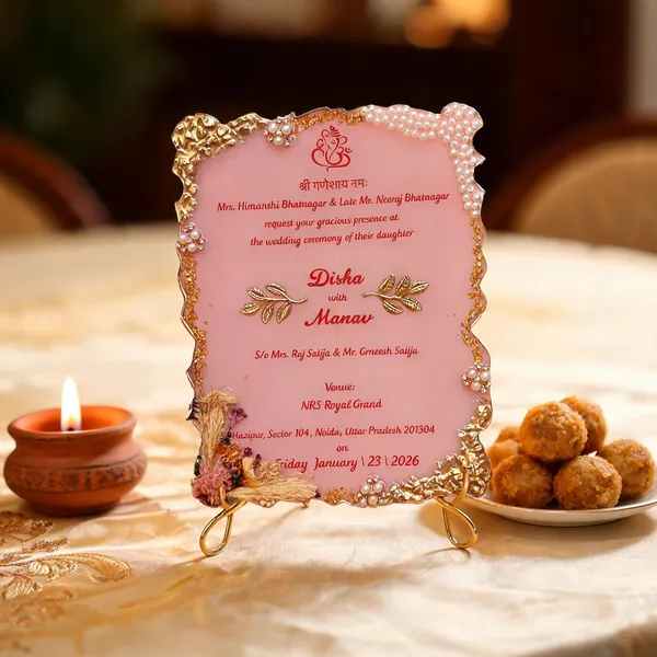 Pink_Gold_Foil_Resin_Wedding_Invitation_Card_With_Dried_Flowers