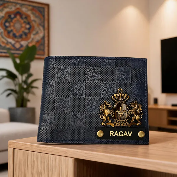 Navy_Checkered_Leather_Personalized_Bifold_Wallet_For_Men