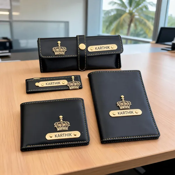 Black_Leather_Personalized_Wallet_Passport_Cover_Keychain_Gift_Set*