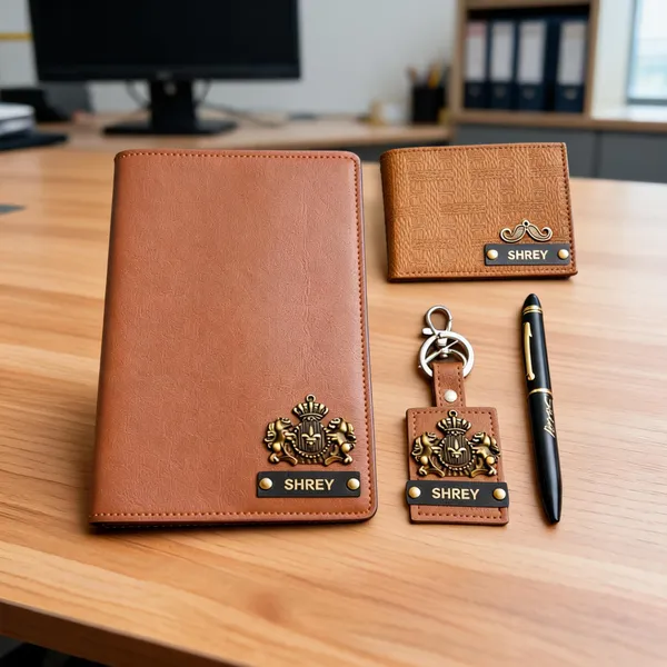 Personalized_Tan_Leather_Diary_Wallet_Keychain_And_Pen_Gift_Set*