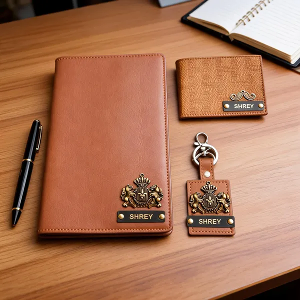 Personalized_Tan_Leather_Diary_Wallet_Keychain_And_Pen_Gift_Set*