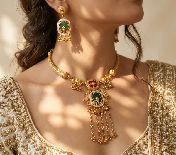 Gold_Alloy_Green_Stone_Choker_Necklace_Set_With_Earrings_For_Women