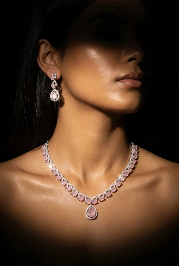 Pink_Alloy_Silver_Tone_Gemstone_Teardrop_Necklace_Set_For_Women