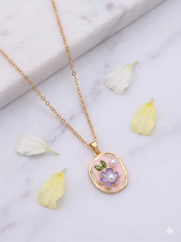 Pink_Alloy_Enamel_Floral_Oval_Pendant_Necklace_For_Women