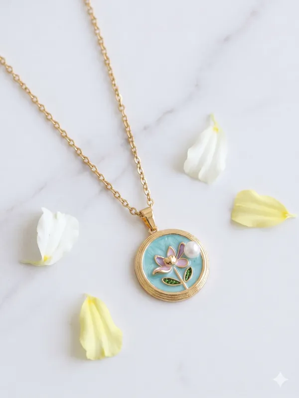 Blue_Alloy_Enamel_Lotus_Floral_Round_Pendant_Necklace_For_Women