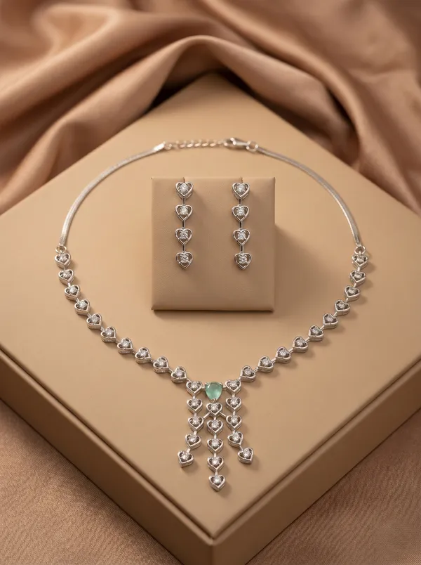 Silver_Alloy_Heart_Shaped_Crystal_Necklace_Set_With_Earrings