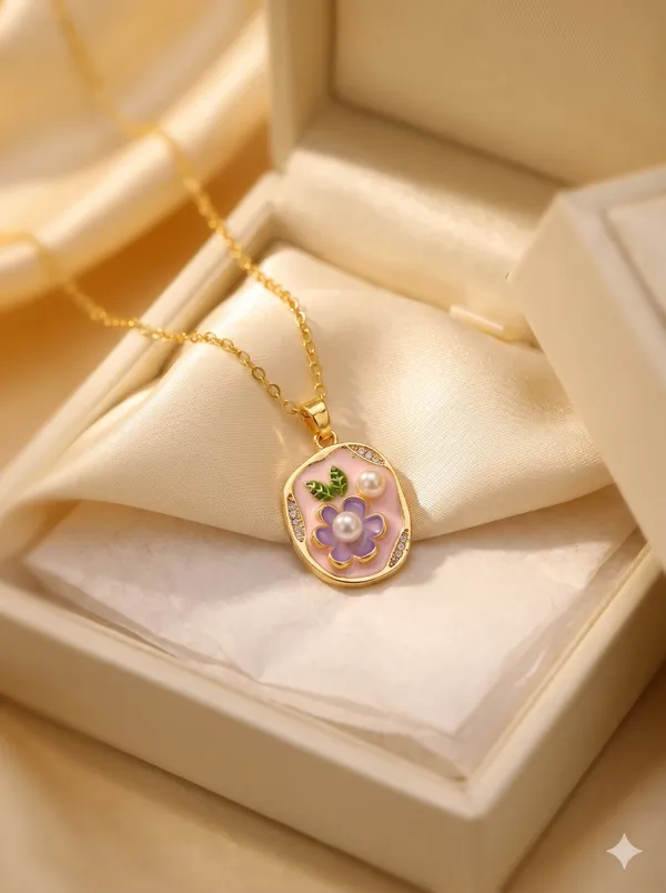 Gold_Alloy_Floral_Enamel_Oval_Pendant_Necklace_For_Women