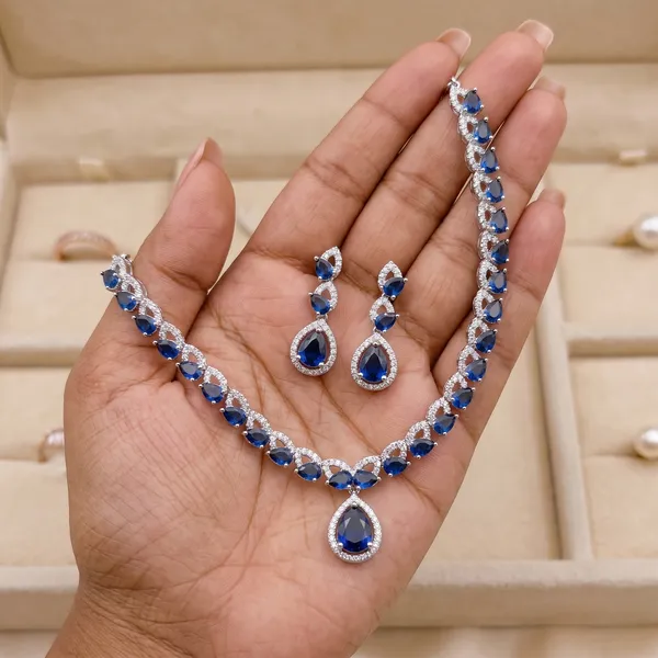 Blue_Alloy_Cubic_Zirconia_Teardrop_Necklace_Set_For_Women