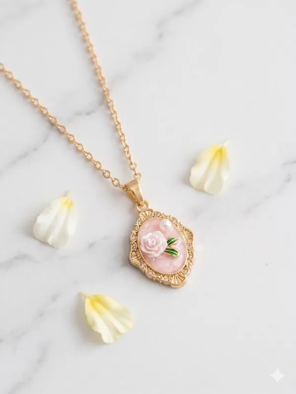 Gold_Alloy_Pink_Rose_Pendant_Necklace_For_Women
