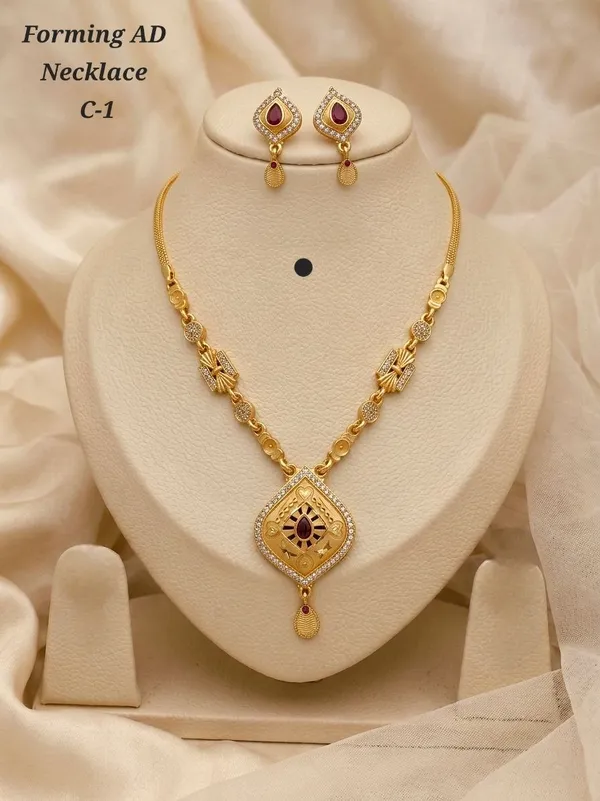 Gold_Plated_Alloy_Ad_Stone_Teardrop_Pendant_Necklace_Set_With_Earrings