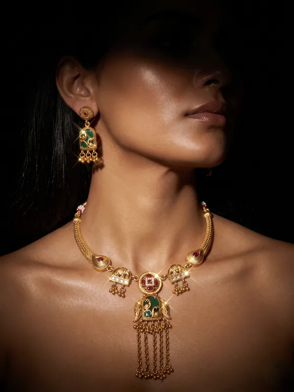 Gold_Alloy_Green_Enamel_Peacock_Motif_Necklace_Set_With_Earrings