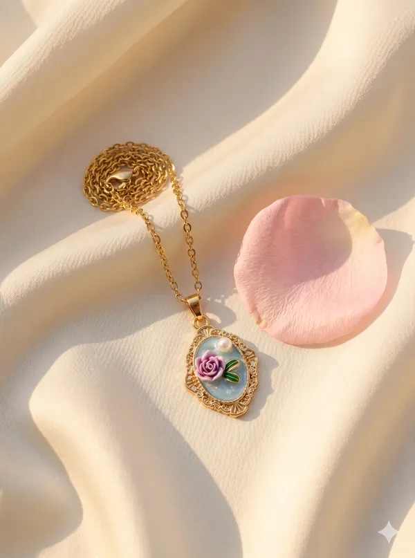 Gold_Alloy_Pink_Green_Floral_Enamel_Pendant_Necklace_For_Women