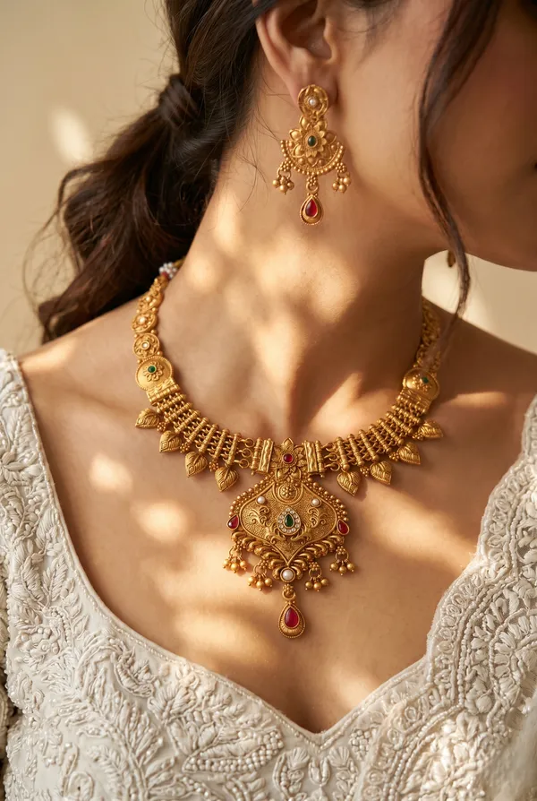 Gold_Alloy_Antique_Temple_Necklace_Set_With_Earrings_For_Women