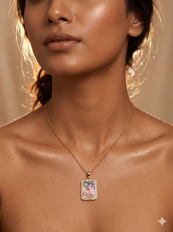 Gold_Alloy_Floral_Enamel_Rectangular_Pendant_Necklace_For_Women