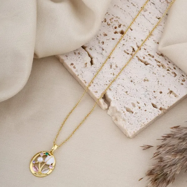 Gold_Alloy_Pressed_Flower_Oval_Pendant_Necklace_For_Women