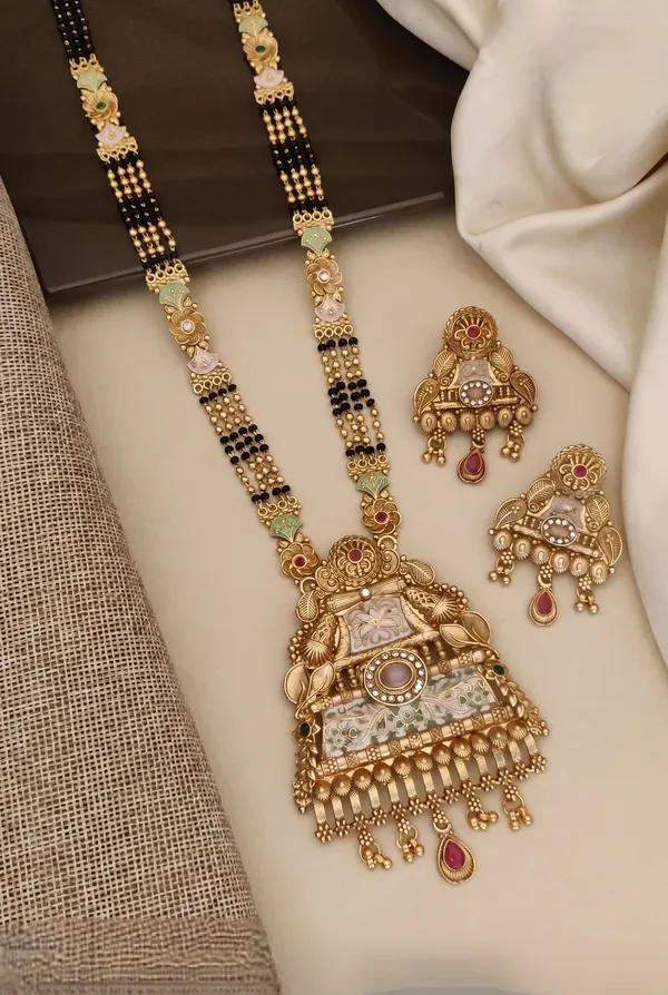 Gold_Plated_Alloy_Temple_Design_Mangalsutra_Set_With_Earrings
