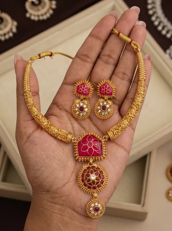 Gold_Plated_Alloy_Ruby_Red_Floral_Square_Pendant_Necklace_Set_For_Women