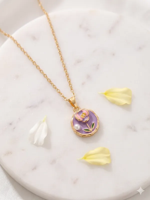 Gold_Plated_Alloy_Purple_Enamel_Floral_Pendant_Necklace_For_Women