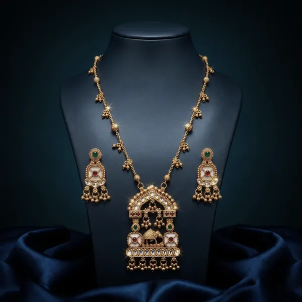 Gold_Plated_Alloy_Temple_Elephant_Pendant_Necklace_Set_With_Earrings