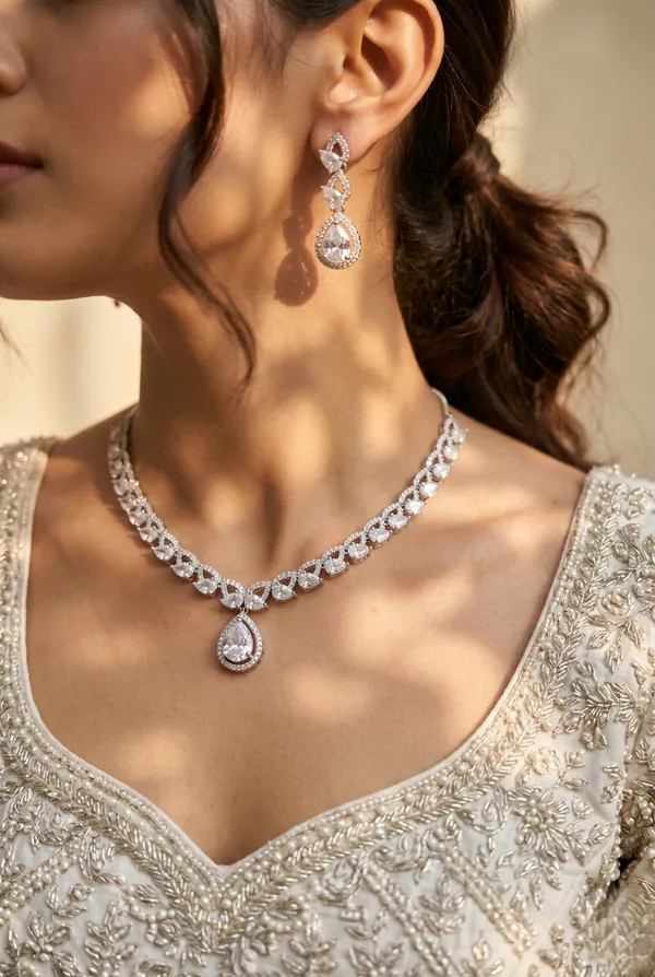 Silver_Alloy_Cubic_Zirconia_Teardrop_Pendant_Necklace_Set_For_Women