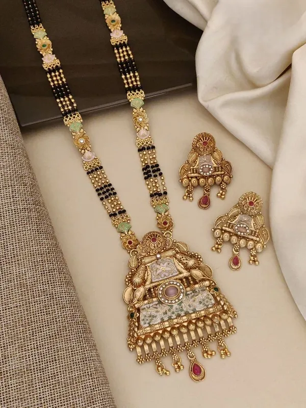 Gold_Plated_Alloy_Temple_Design_Mangalsutra_Set_With_Earrings