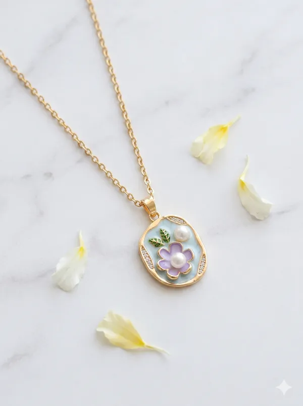 Gold_Alloy_Purple_Enamel_Floral_Pearl_Pendant_Necklace_For_Women
