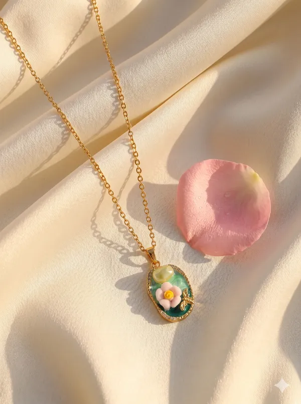 Green_Alloy_Enamel_Floral_Oval_Pendant_Necklace_For_Women
