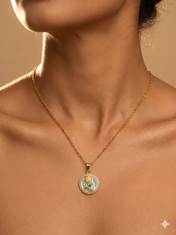 Blue_Gold_Alloy_Floral_Enamel_Circular_Pendant_Necklace_For_Women