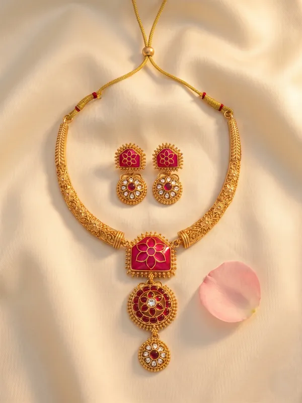 Gold_Plated_Alloy_Ruby_Red_Floral_Square_Pendant_Necklace_Set_For_Women