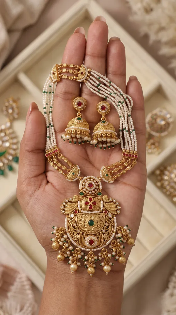 Antique_Gold_Plated_Alloy_Pearl_Beaded_Necklace_Set_With_Jhumkas
