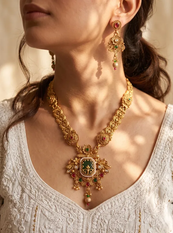 Gold_Alloy_Heritage_Filigree_Long_Necklace_Set_With_Earrings