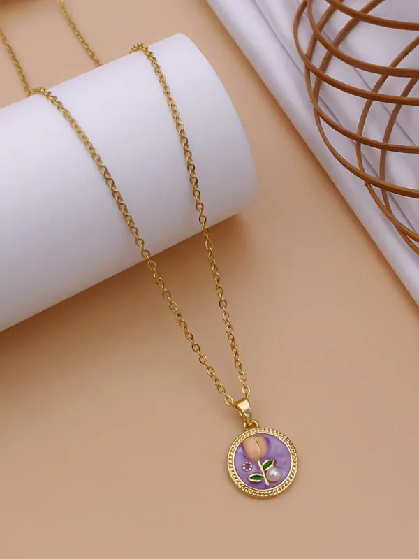 Purple_Alloy_Enamel_Floral_Round_Pendant_Necklace_For_Women