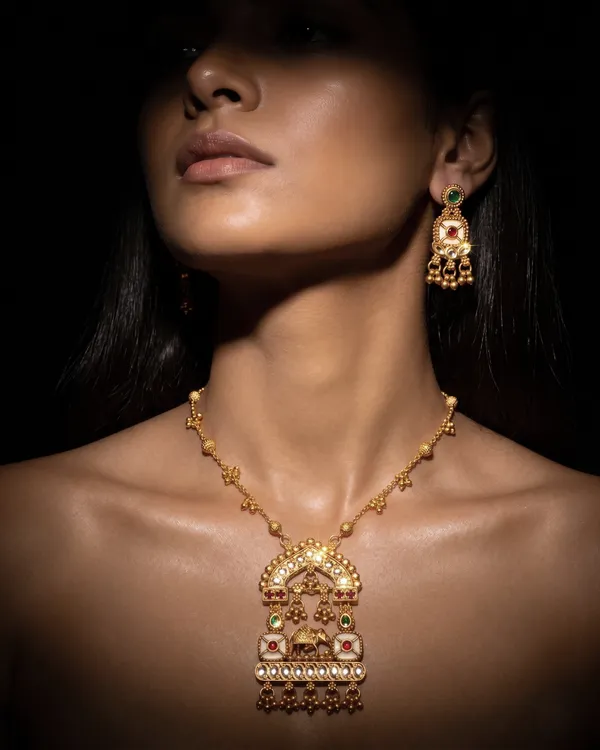 Gold_Plated_Alloy_Temple_Elephant_Pendant_Necklace_Set_With_Earrings