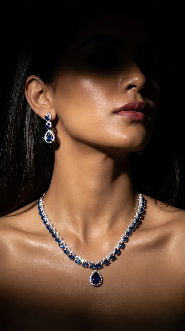 Blue_Alloy_Cubic_Zirconia_Teardrop_Necklace_Set_For_Women