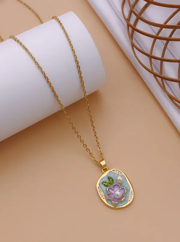 Gold_Alloy_Purple_Enamel_Floral_Pearl_Pendant_Necklace_For_Women