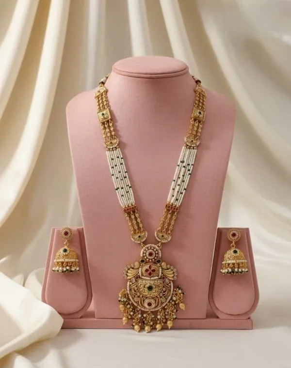 Antique_Gold_Plated_Alloy_Pearl_Beaded_Necklace_Set_With_Jhumkas