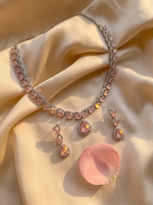 Pink_Alloy_Silver_Tone_Gemstone_Teardrop_Necklace_Set_For_Women
